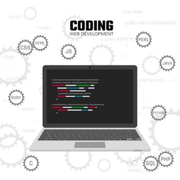 Modern languages web programming. Web development, design and coding concept Stock Illustration
