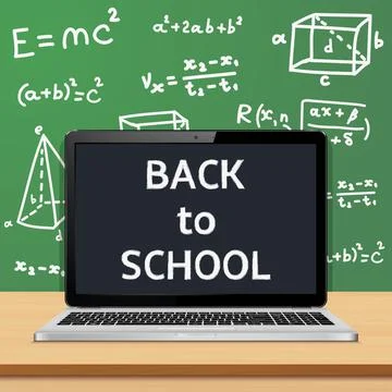 Modern laptop with blank screen on table in classroom Stock Illustration