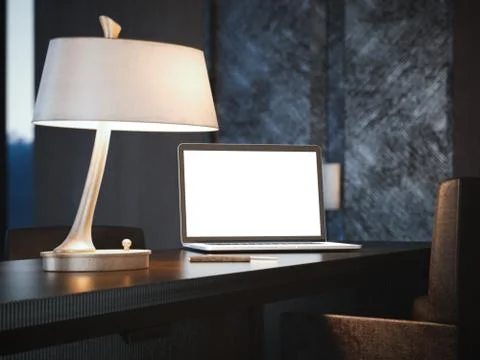 Modern laptop on a classical wood table. 3d rendering Stock Illustration