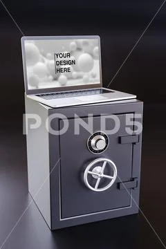 Modern laptop on closed strongbox. 3d render PSD-sjabloon