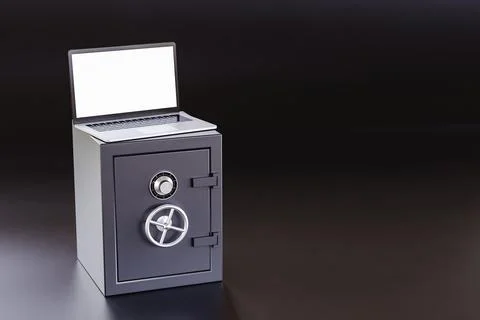 Modern laptop on closed strongboxes. 3d render Stock Illustration