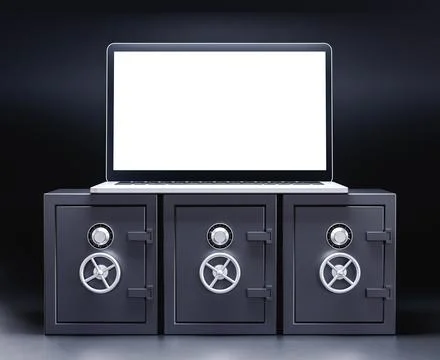 Modern laptop on closed strongboxes. 3d render Stock Illustration
