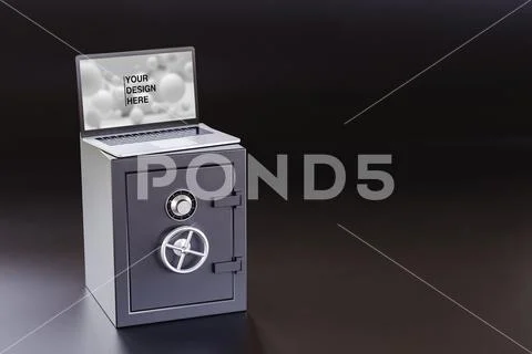 Modern laptop on closed strongboxes. 3d render PSD Template