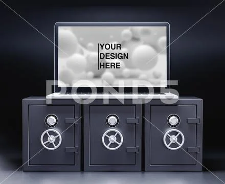 Modern laptop on closed strongboxes. 3d render PSD Template