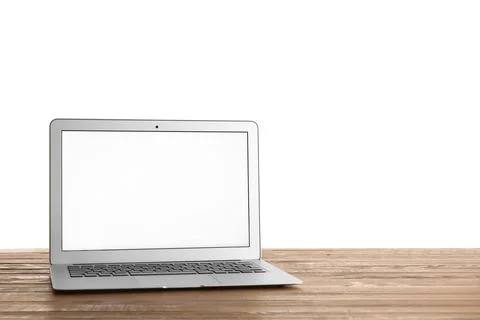 Modern laptop computer with blank white screen on rustic wooden table, digita Stock Photos