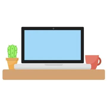 Modern laptop computer with cactus flower in pot and cup in cartoon flat styl Stock Illustration