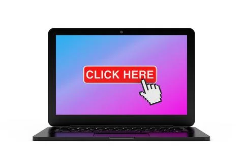 Modern Laptop Computer with Click Here Link to Website Button and Pixel Hand  Stock Photos