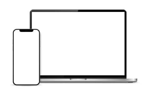 Modern laptop computer front view and smartphone mockup isolated on white bac Stock Illustration