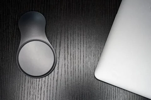 Modern laptop computer with mouse on table Stock Photos