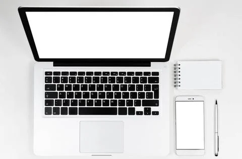 Modern laptop computer, top view Modern laptop computer and smartphone wit... Stock Photos