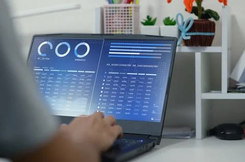 Modern Laptop Displaying Data Visualizations and Business Elements Stockfoto's