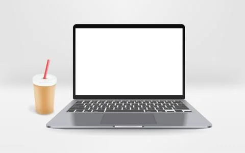 Modern laptop with empty screen with beverage on a table Illustrazione stock