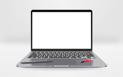 Modern laptop with empty screen with pen and pencil Stock Illustration