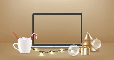 Modern laptop with empty screen on a table with crhistmas decorations. 3d vec Illustrazione stock