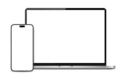 Modern laptop front view and smartphone mockup isolated on white background Illustrazione stock