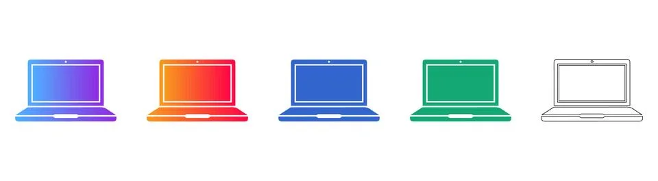 Modern Laptop Icon Set: Technology &amp; Work Device Illustrations Stock Illustration
