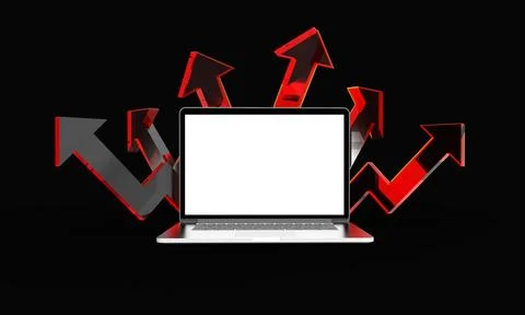 Modern laptop  isolated on dark background with arrow chart. 3D Illustration. Stock Illustration