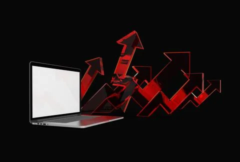 Modern laptop  isolated on dark background with arrow chart. 3D Illustration. Stock Illustration