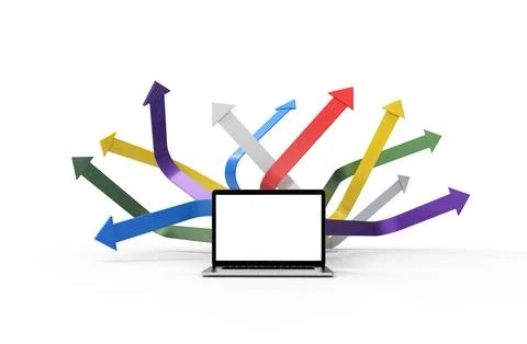 Modern laptop isolated on white background with arrow chart. 3D Illustration. Illustrazione stock