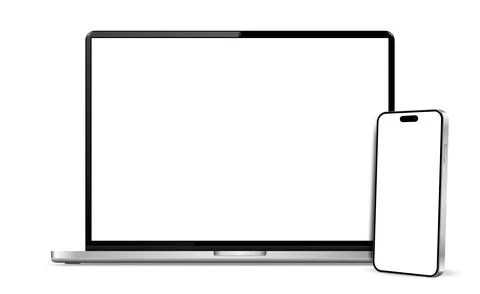 Modern laptop mockup front view and smartphone mockup isolated on white bac.. Stock Illustration
