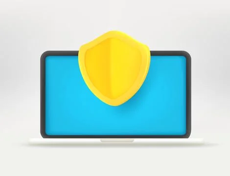 Modern laptop with shield. Computer security concept. 3d vector illustration Stock Illustration