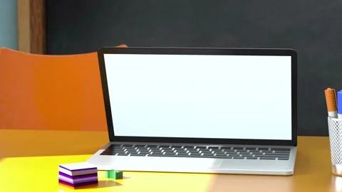 Modern laptop with white blank screen placed on desk against classroom at sch Stock Footage 209617755