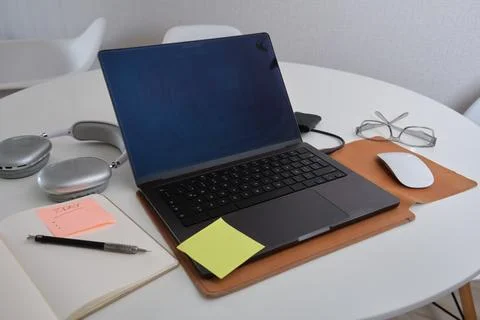 Modern laptop workstation setup for remote work productivity Stock Photos