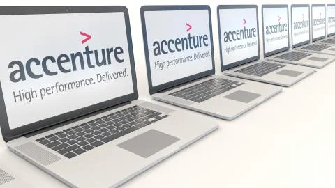 Modern laptops with Accenture logo. Computer technology conceptual editorial 3D Illustrazione stock