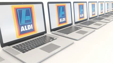 Modern laptops with Aldi logo. Computer technology conceptual editorial 3D Illustrazione stock