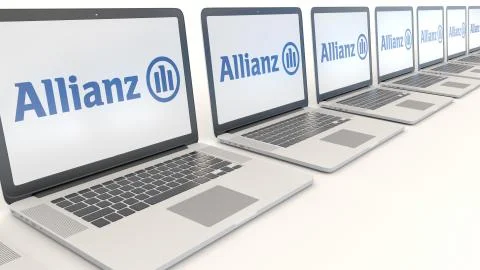 Modern laptops with Allianz logo. Computer technology conceptual editorial 3D Stock Illustration