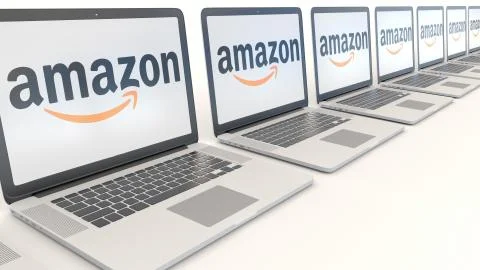 Modern laptops with Amazon.com logo. Computer technology conceptual editorial 3D Illustrazione stock