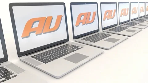Modern laptops with au mobile phone company logo. Computer technology conceptual Video stock 73063182