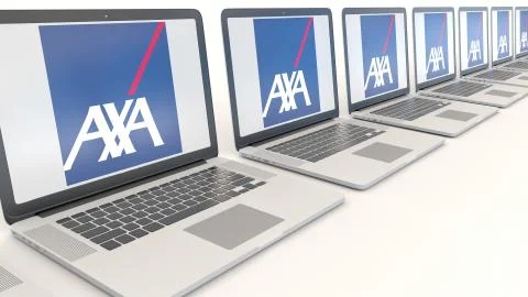 Modern laptops with AXA logo. Computer technology conceptual editorial 3D 스톡 일러스트