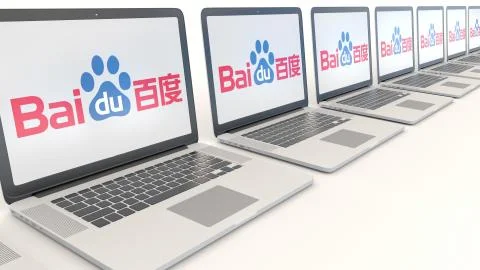 Modern laptops with Baidu logo. Computer technology conceptual editorial 3D Illustrazione stock
