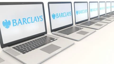 Modern laptops with Barclays logo. Computer technology conceptual editorial 3D Illustrazione stock