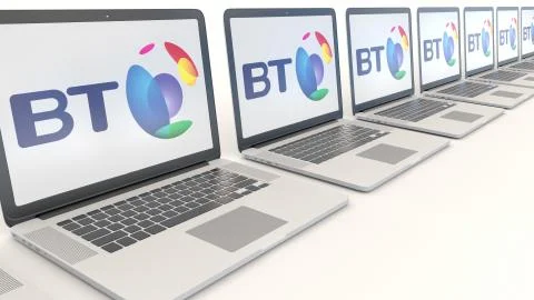 Modern laptops with BT Group logo. Computer technology conceptual editorial 3D Illustrazione stock