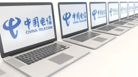 Modern laptops with China Telecom logo. Computer technology conceptual editorial Illustrazione stock