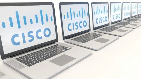 Modern laptops with Cisco Systems logo. Computer technology conceptual editorial Stock Illustration