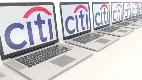 Modern laptops with Citigroup logo. Computer technology conceptual editorial 3D Illustrazione stock