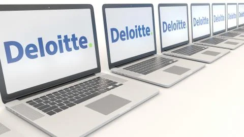 Modern laptops with Deloitte logo. Computer technology conceptual editorial 3D Illustrazione stock