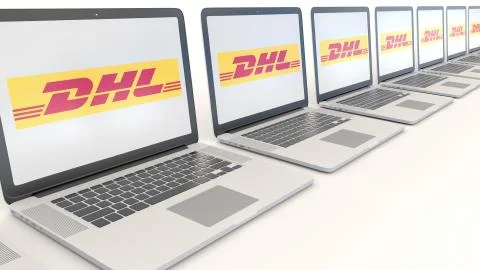 Modern laptops with DHL Express logo. Computer technology conceptual editorial 스톡 일러스트