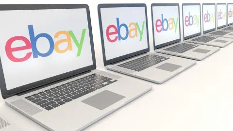 Modern laptops with eBay Inc. logo. Computer technology conceptual editorial 3D Illustrazione stock