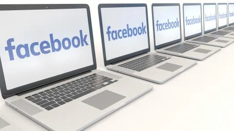 Modern laptops with Facebook logo. Computer technology conceptual editorial 3D Stock Illustration