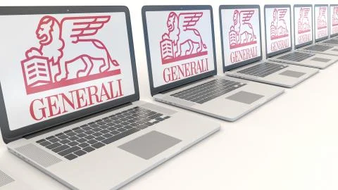 Modern laptops with Generali Group logo. Computer technology conceptual Illustrazione stock