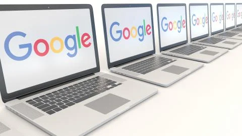 Modern laptops with Google logo. Computer technology conceptual editorial 3D Stock Illustration