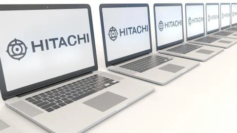 Modern laptops with Hitachi logo. Computer technology conceptual editorial 3D Illustrazione stock