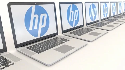 Modern laptops with HP Inc. logo. Computer technology conceptual editorial 4K Stock Footage 73060174
