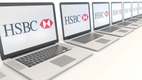 Modern laptops with HSBC logo. Computer technology conceptual editorial 3D 스톡 일러스트