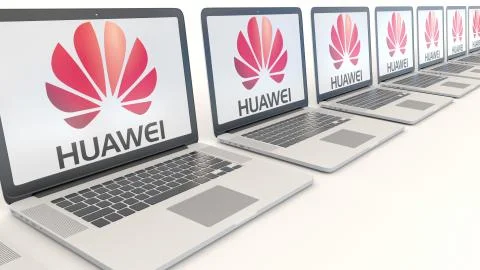 Modern laptops with Huawei logo. Computer technology conceptual editorial 3D Illustrazione stock