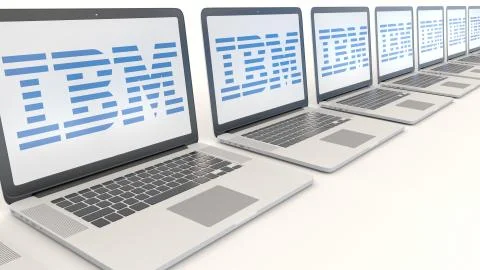 Modern laptops with IBM logo. Computer technology conceptual editorial 3D Stock Illustration